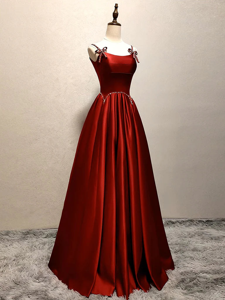 Wholesale A-Line Satin Burgundy Long Prom Dress Burgundy Long Formal Dress gowns evening dresses